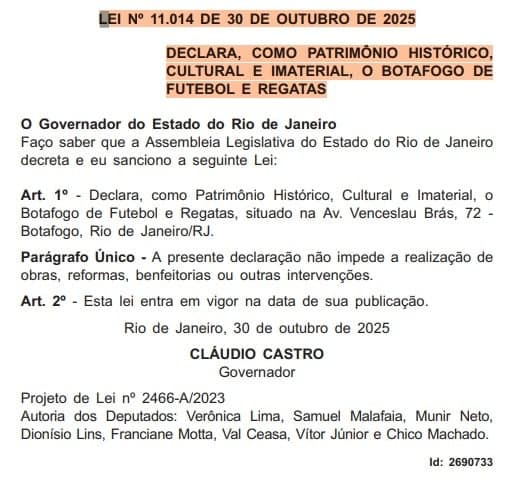 Botafogo foi declarado patrimônio imaterial do Rio (Foto: Reprodução/Diário Oficial do Rio)