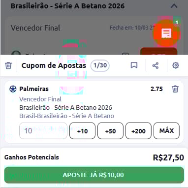 Captura de tela com apostas de longo prazo no Brasileirão na casa de apostas Betano