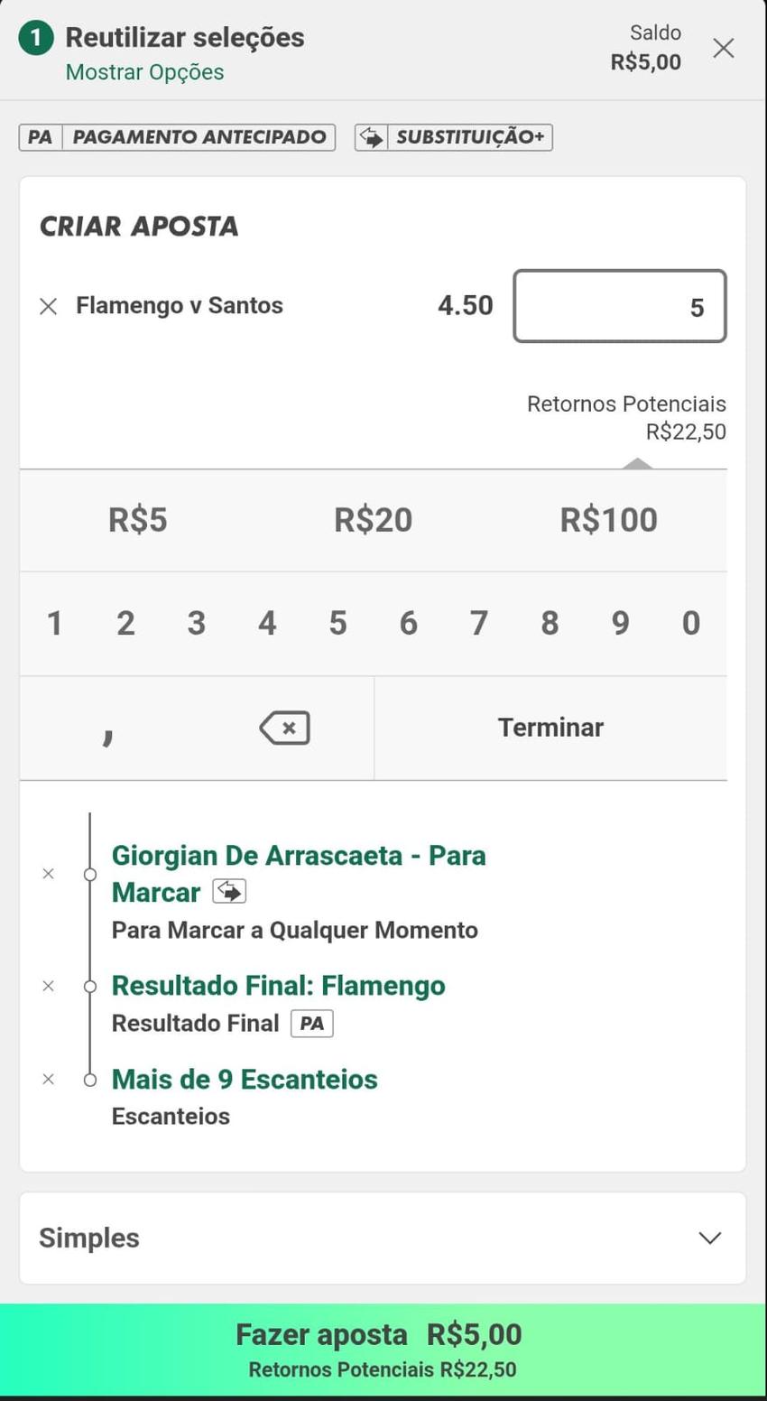 Captura de tela com a função Criar Aposta da bet365