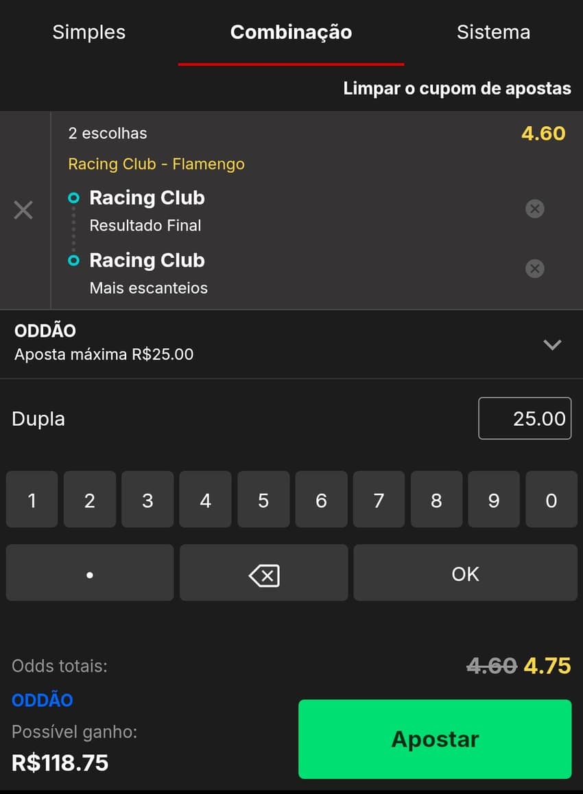 Captura de tela com uma aposta esportiva sendo feita na KTO.