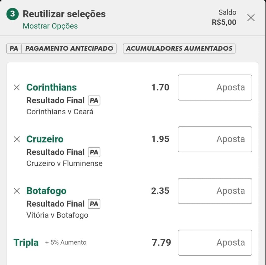 Captura de tela com aposta múltipla na bet365