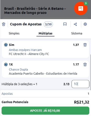 Captura de tela com aposta personalizada em jogos de futebol na Betano