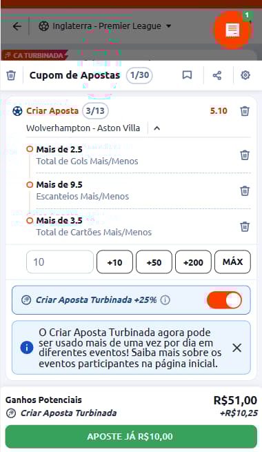 Cupom de aposta com Bet Builder turbinado em 25% na Betano