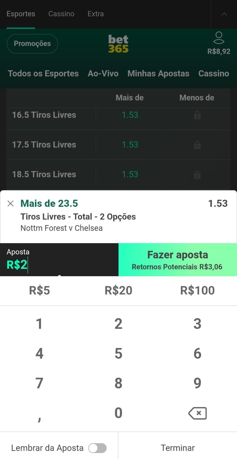 Captura de tela do cupom de aposta em tiro livre na Bet365