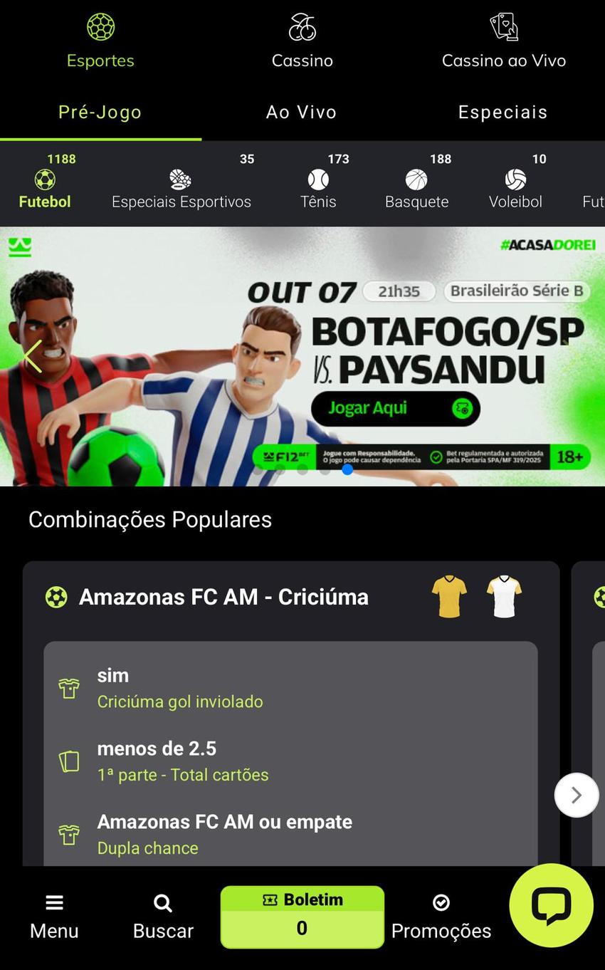 Captura da tela de apostas esportivas na F12 Bet