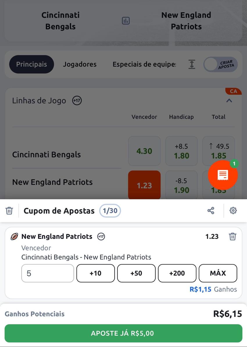 Captura de tela mostra bilhete de apostas na NFL na Betano.