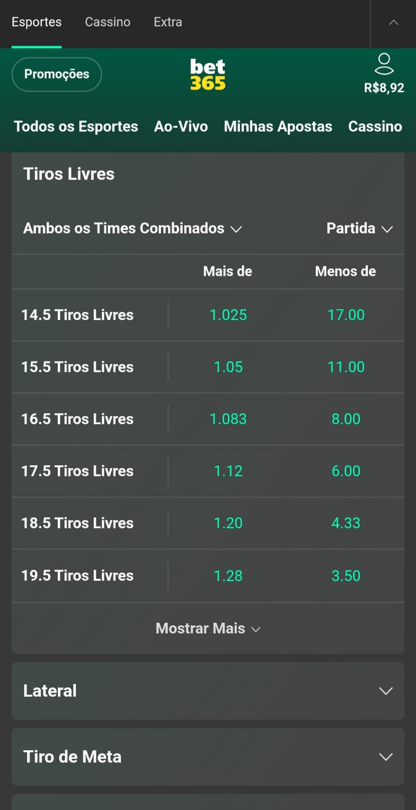 Captura de tela do mercado de tiro livre na Bet365
