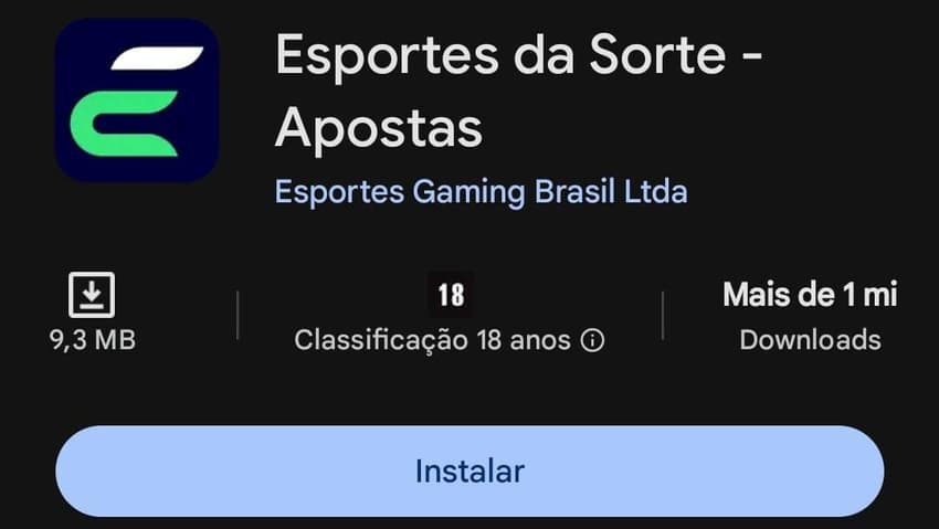 Captura de tela da página de download na Play Store do app da Esportes da Sorte