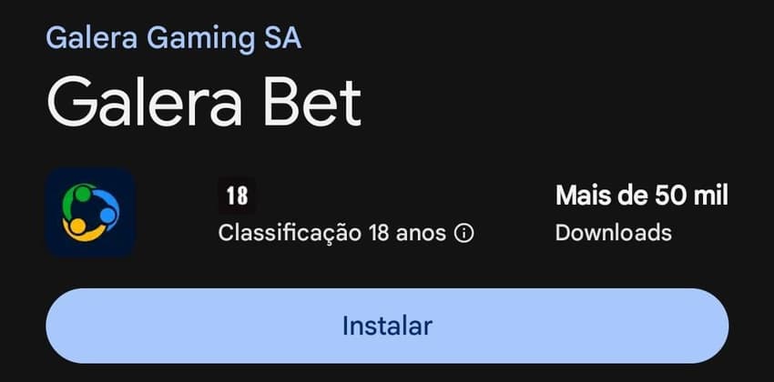 Captura de tela do botão &quot;Instalar&quot; do aplicativo da Galera Bet na Play Store
