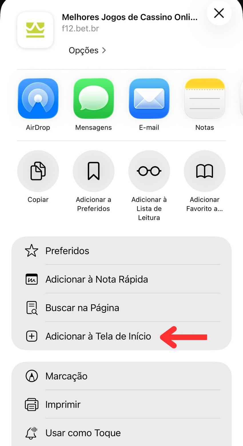 Captura de tela de criação de atalho da F12 Bet no celular