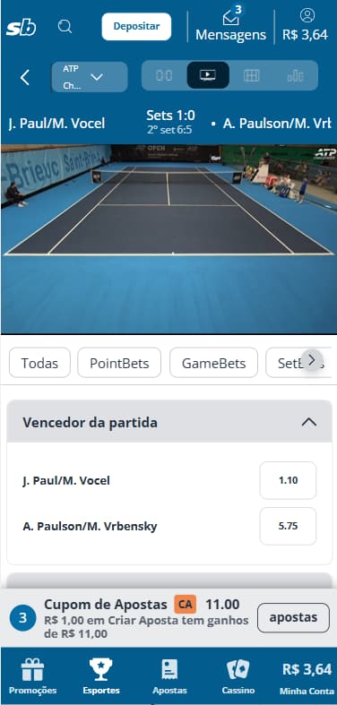 Streaming ao vivo na Sportingbet em partida de tênis no ATP Challenger de St. Brieuc