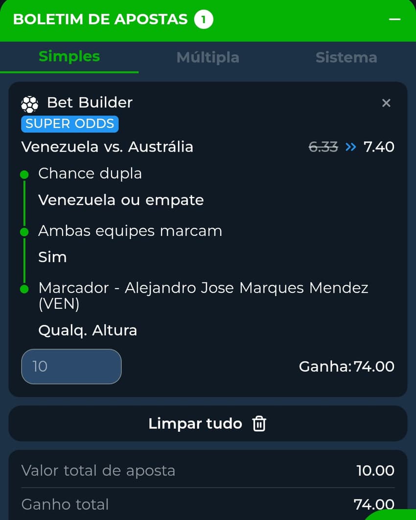 Captura de tela do boletim de apostas da BR4Bet com o Bet Builder e Super Odds.