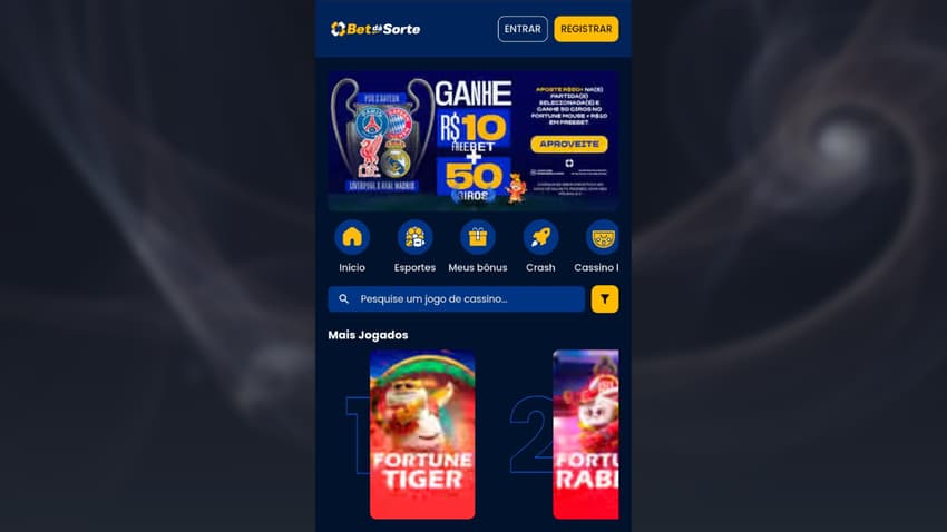 Captura de tela da Bet dá Sorte página inicial com jogos e esportes