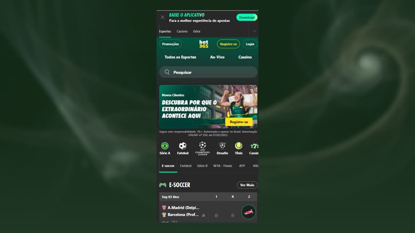 Página inicial da bet365 com foco nos eventos ao vivo.