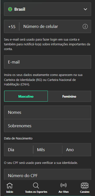 Captura de tela da página da Bet365 cadastro no celular