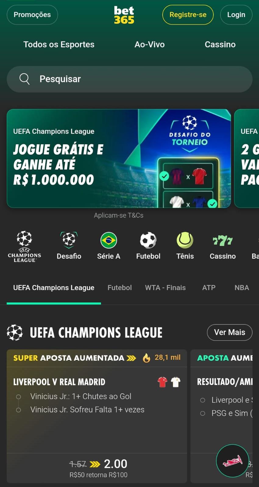 Captura de tela da bet autorizada bet365 feita no dia 04/11/2025.