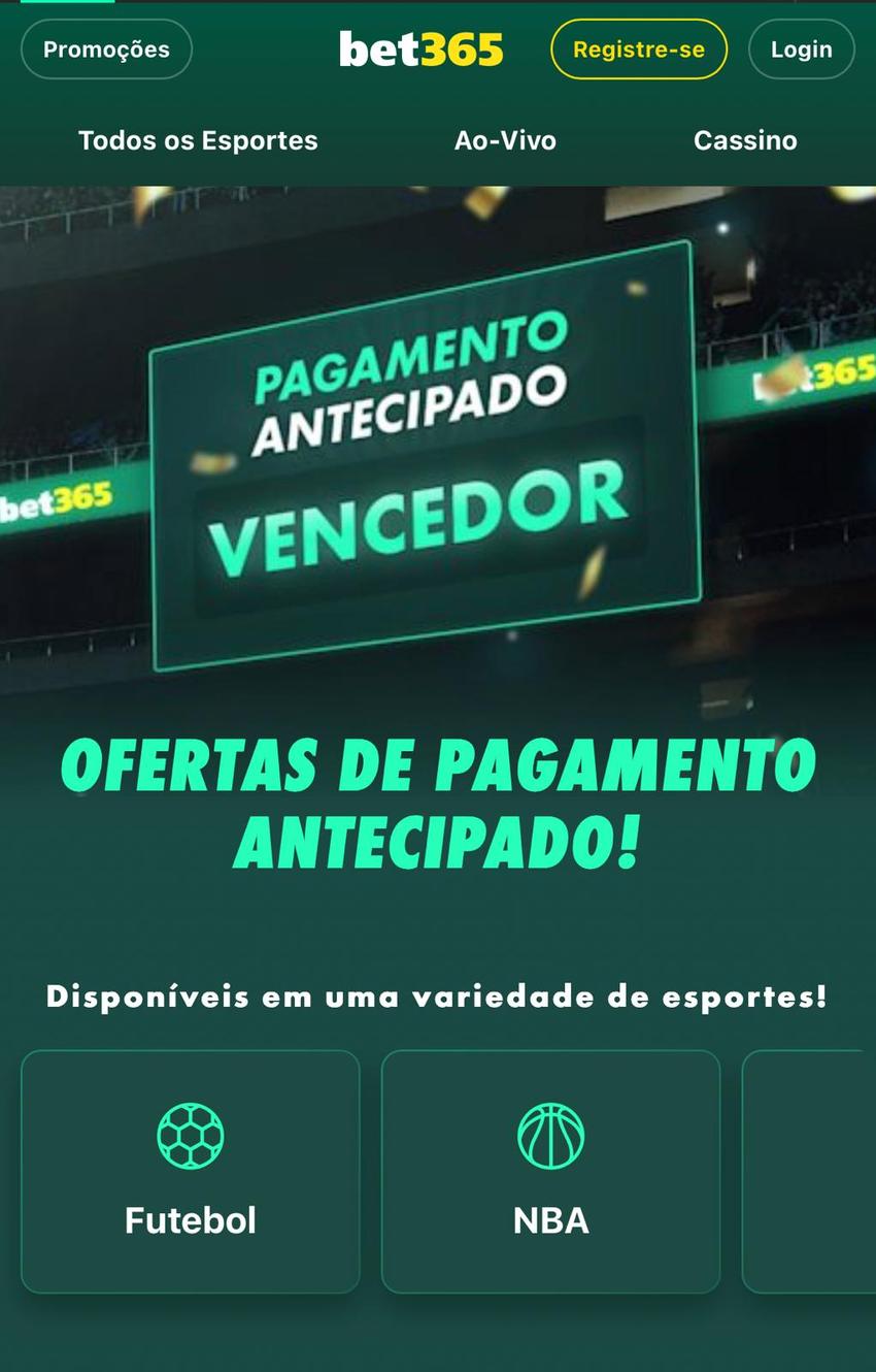 Captura de tela da promoção Pagamento Antecipado na plataforma de 5 reais bet365.
