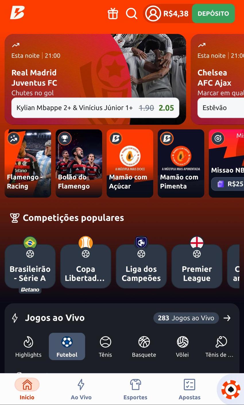 Captura da tela inicial da plataforma de 5 reais Betano.