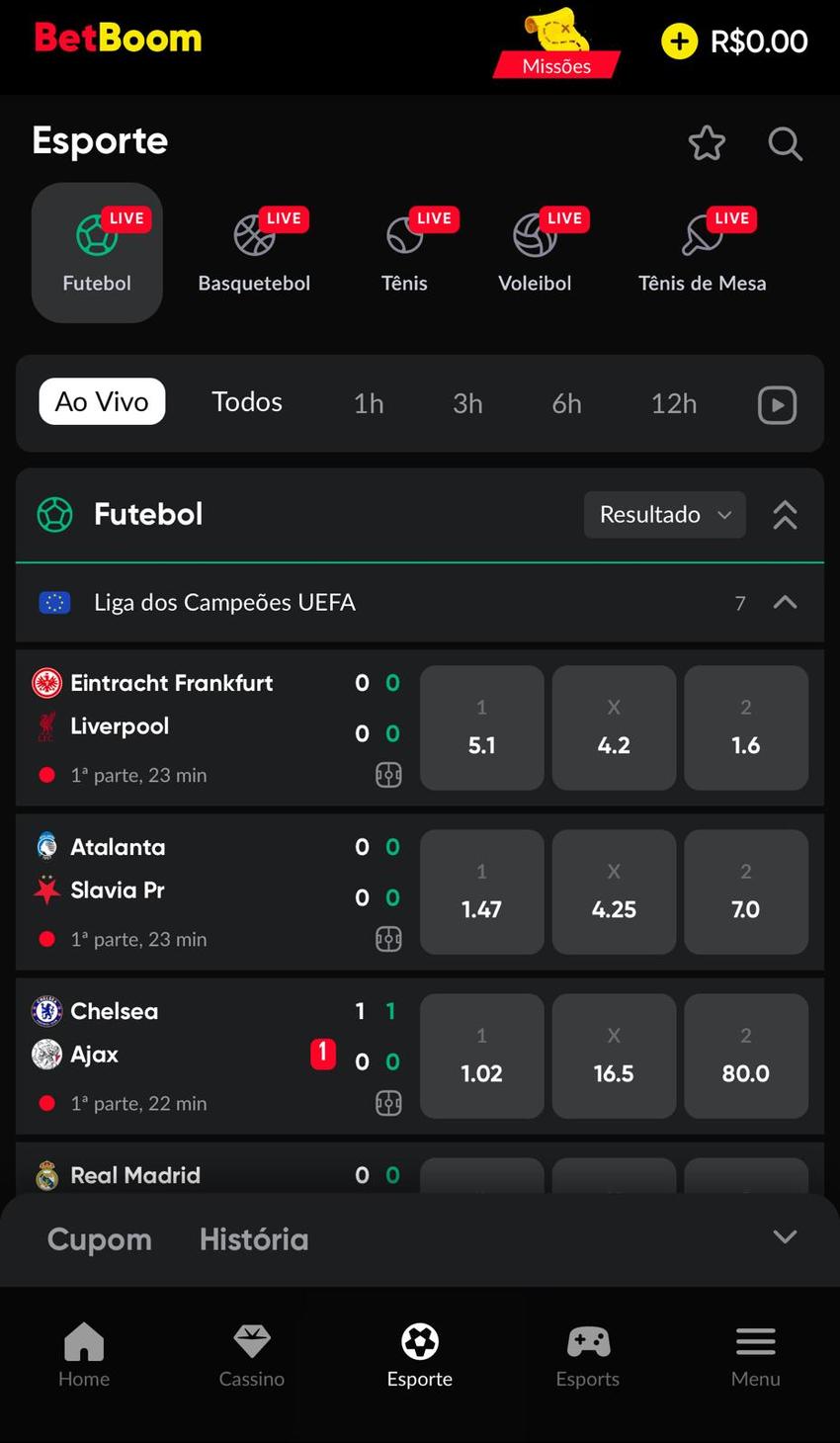 Captura da tela de esportes na plataforma de 5 reais Betboom.
