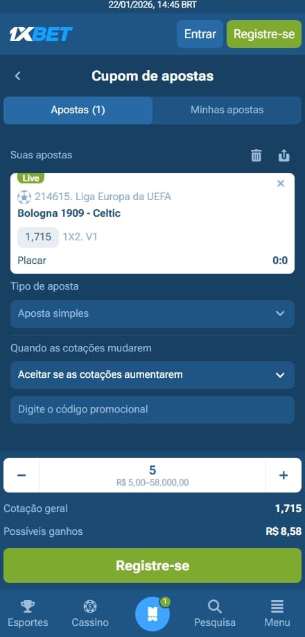 Captura de tela do cupom de apostas com uma seleção na Liga Europa UEFA