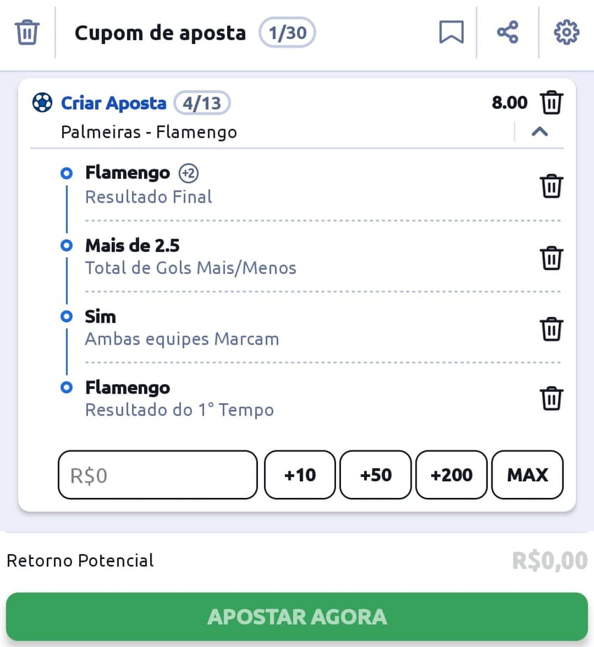 Captura de tela do bilhete de apostas da Betano criado com o Bet Builder.