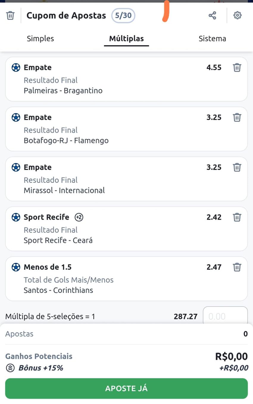 Captura de tela do bilhete de apostas múltiplas na Betano