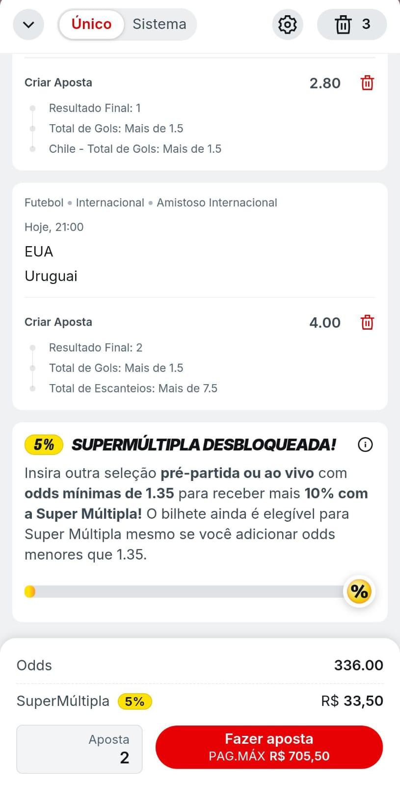 Captura de tela do bilhete de apostas feito com Bet Builder na Superbet.