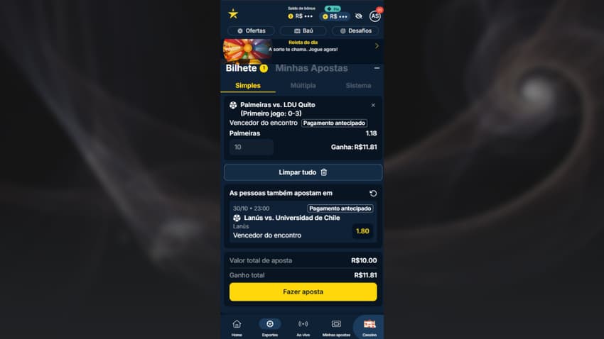 Bilhete de apostas na EstrelaBet com Palmeiras para vencer na semifinalda Libertadores