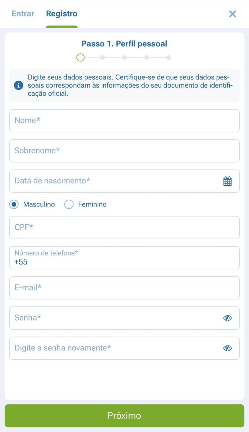 Captura da tela de cadastro sem o código 1xbet.