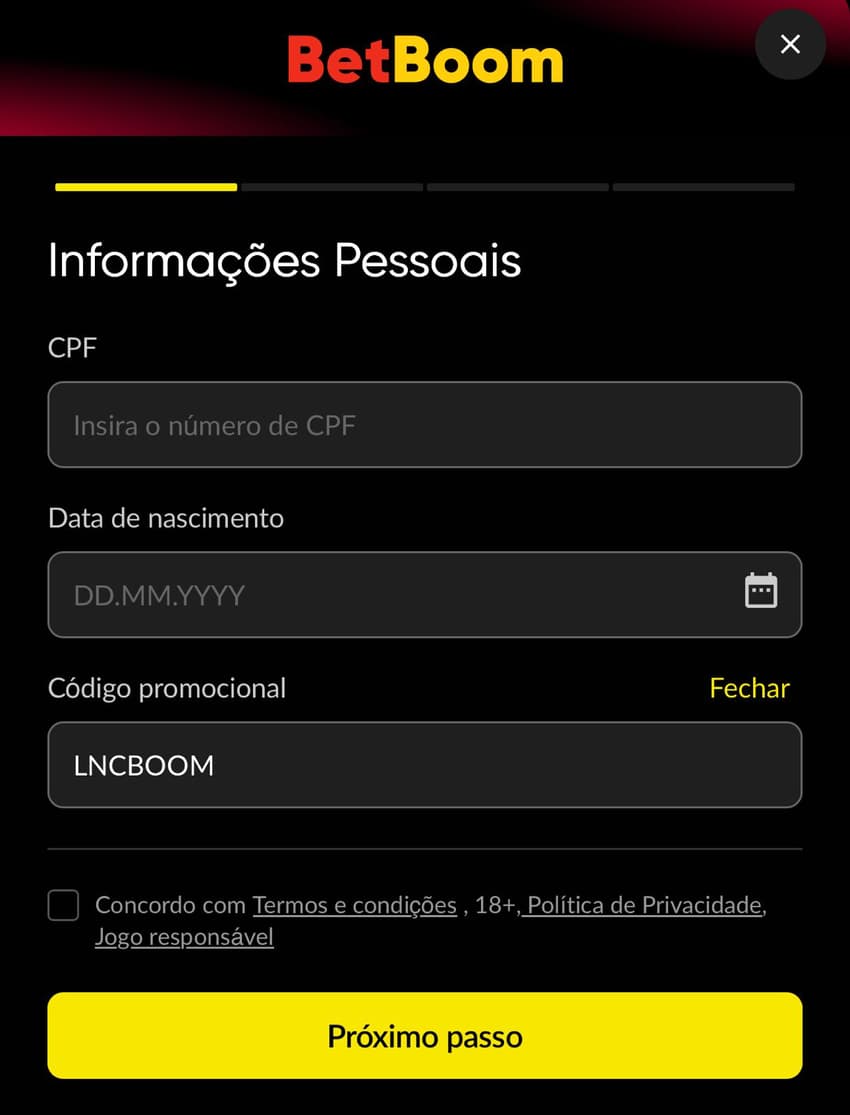 Captura de tela da página de registro com o código promocional BetBoom.