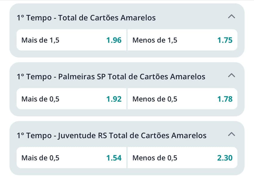 Captura de tela de apostas em cartões amarelos no 1º tempo.