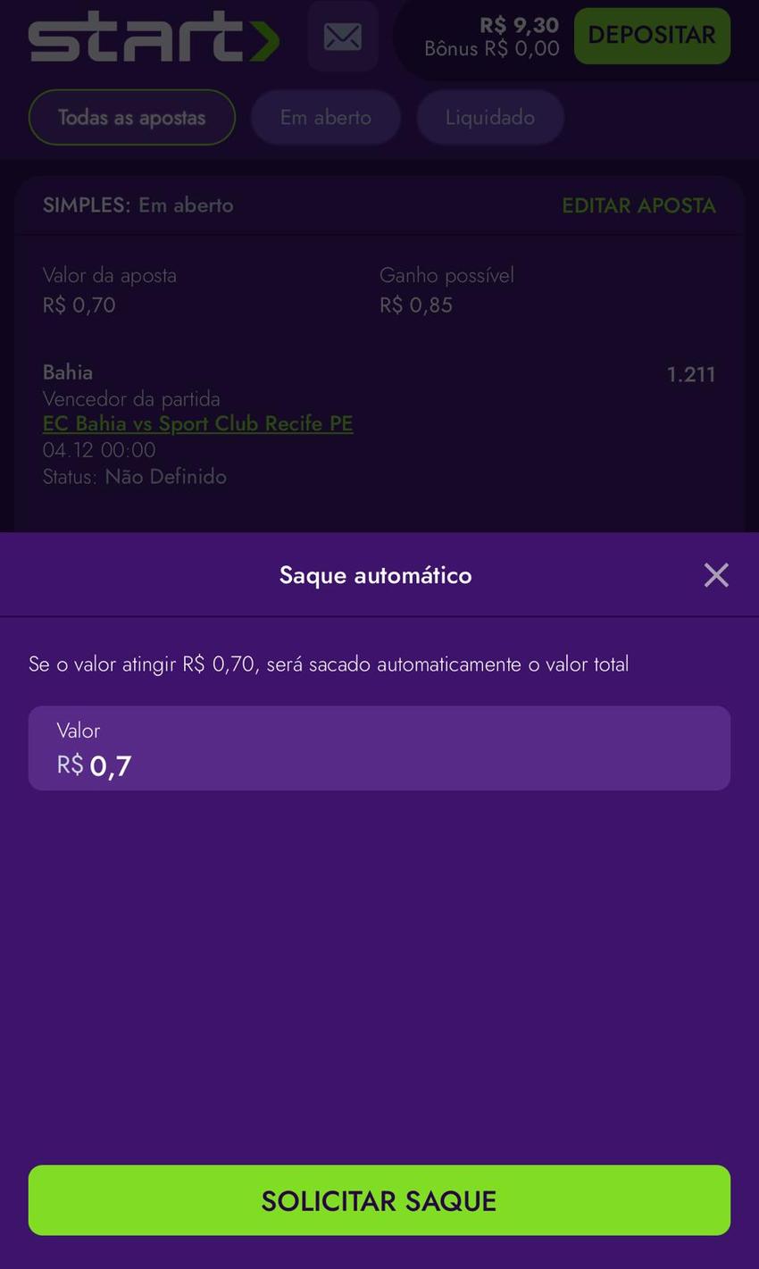 Captura da tela de cash out automático na Start Bet.
