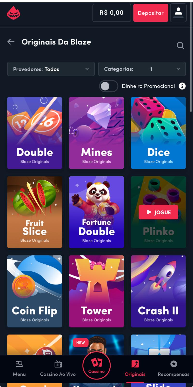 Captura da tela de jogos originais de cassino na Blaze.
