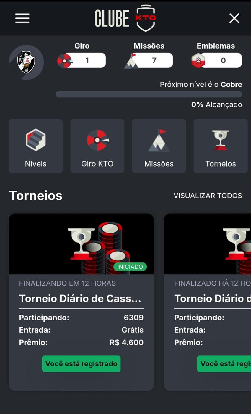 Captura de tela do clube VIP KTO com missões, giro e torneios.
