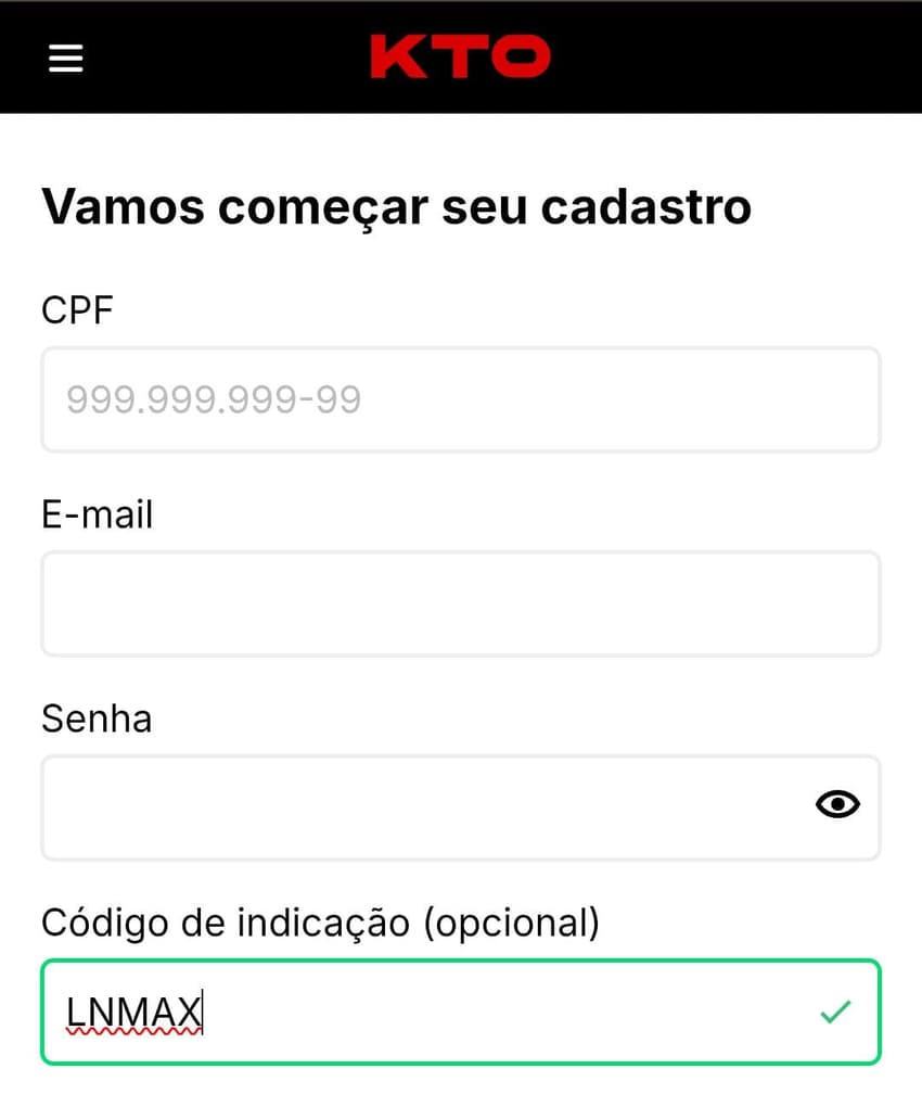 Captura de tela do código de indicação KTO LNMAX inserido no cadastro.
