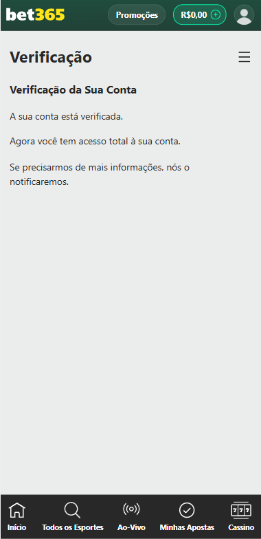 Captura de tela da aba 'minha conta' na Bet365 com verificação de identidade completa