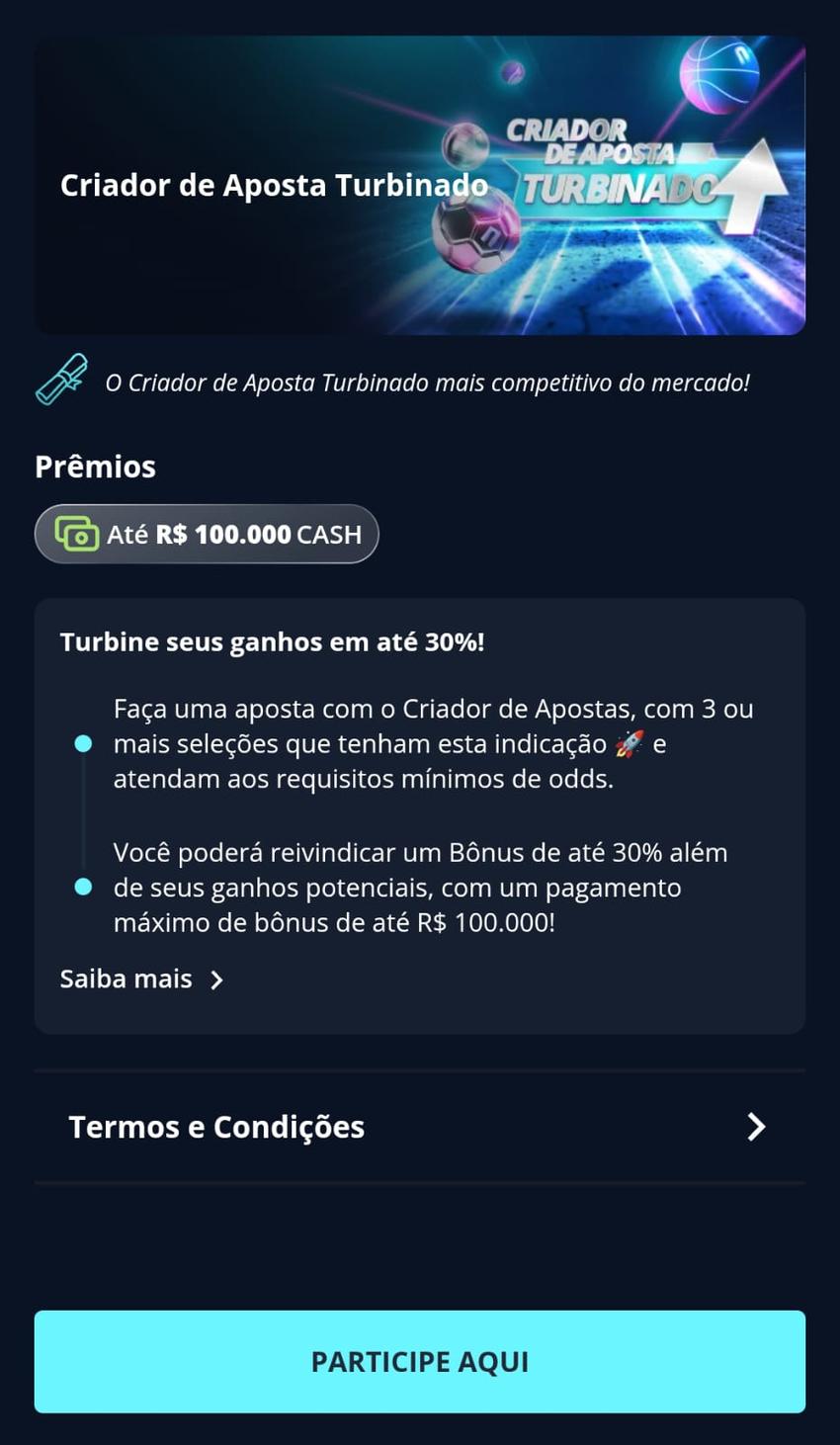 Captura de tela da promoção Criador de Aposta Turbinado da Novibet.
