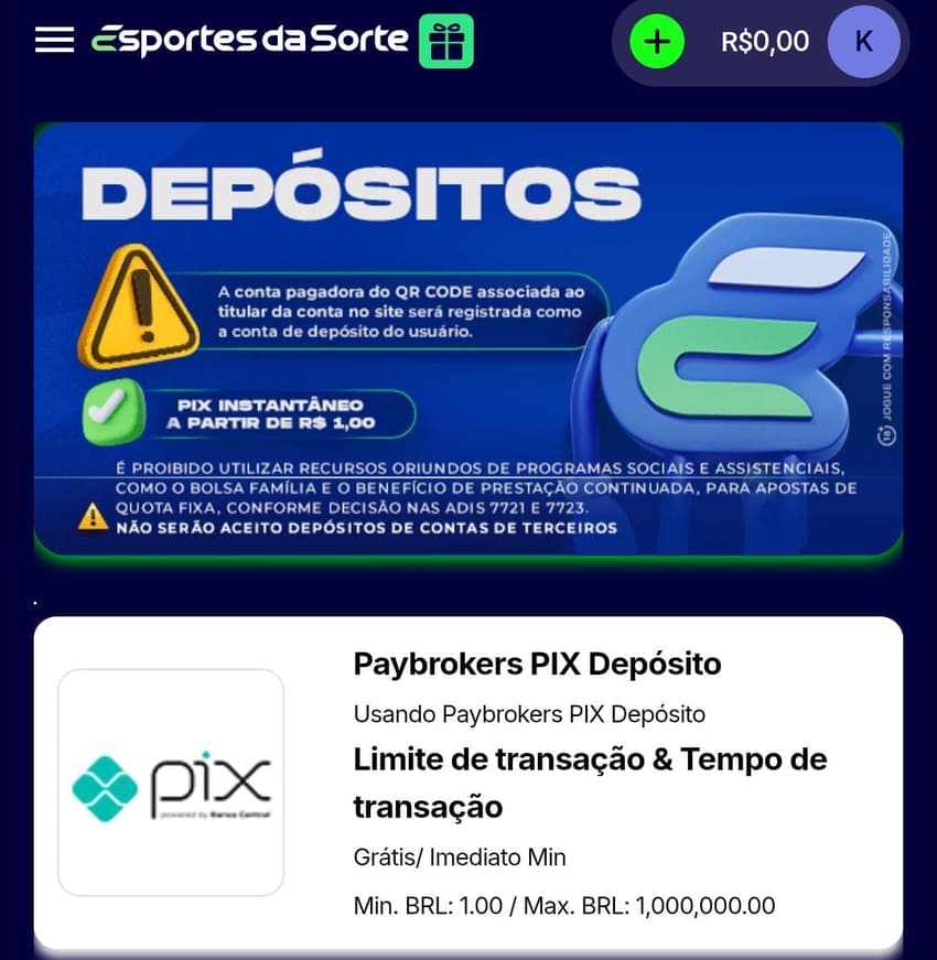 Captura de tela da página de depósito da Esportes da Sorte