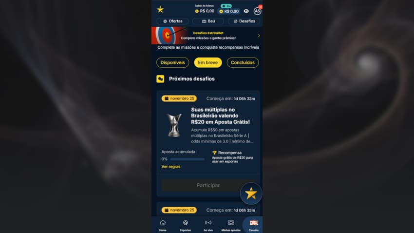 Desafio do Brasileirão com apostas múltiplas valendo R$20 em freebet