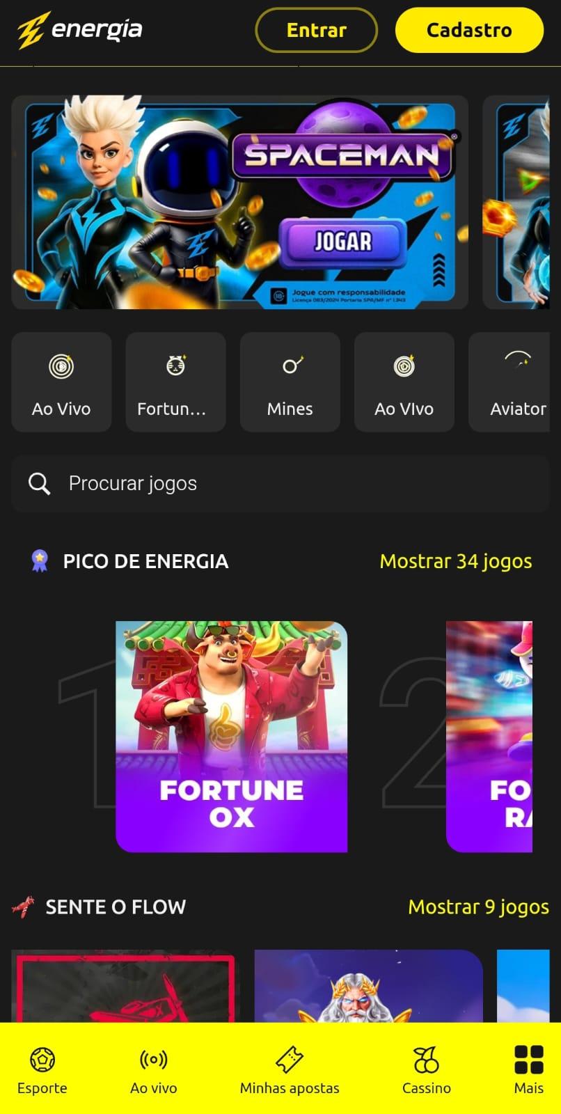 Captura de tela da página inicial da casa de apostas Energia Bet