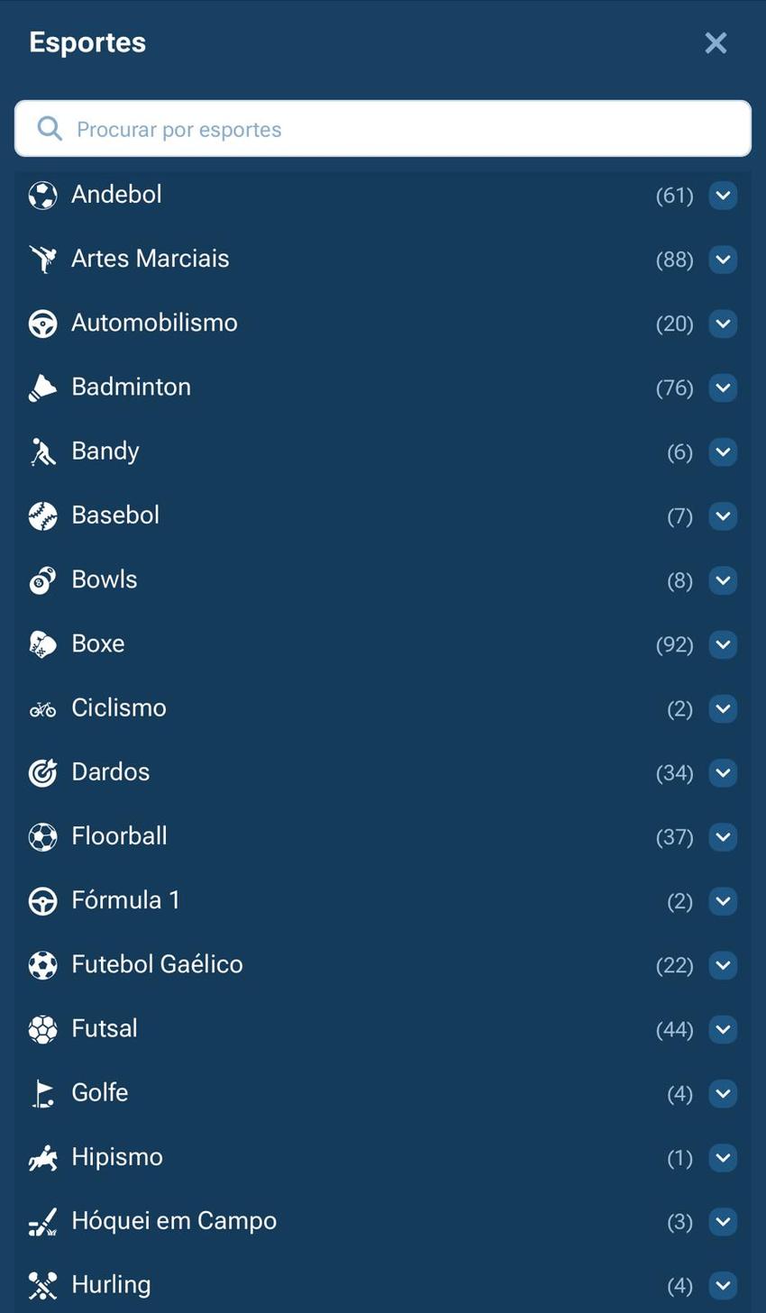 Captura da tela de esportes disponíveis na 1xbet.