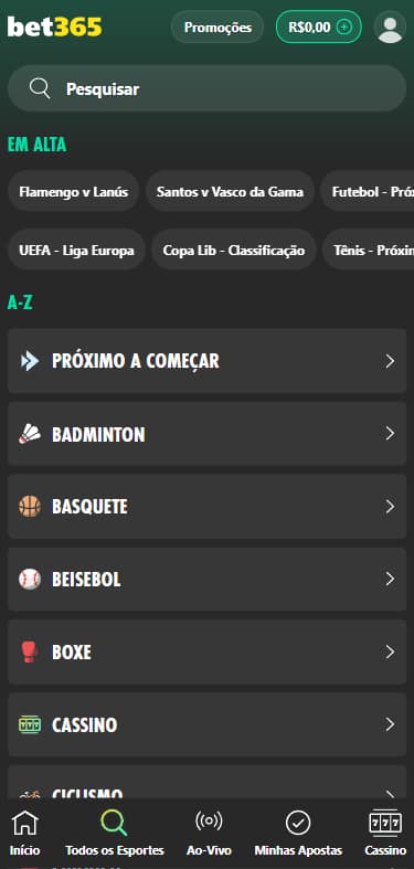 Captura de tela da seção de apostas esportivas da plataforma Bet365 com 