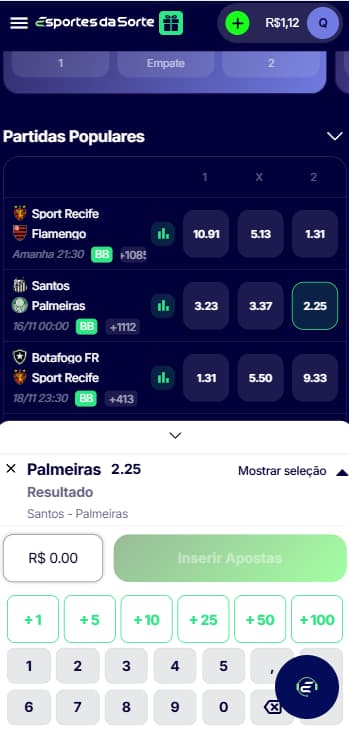 Bilhete de apostas esportivas com palpite no Palmeiras para vencer contra o Santos