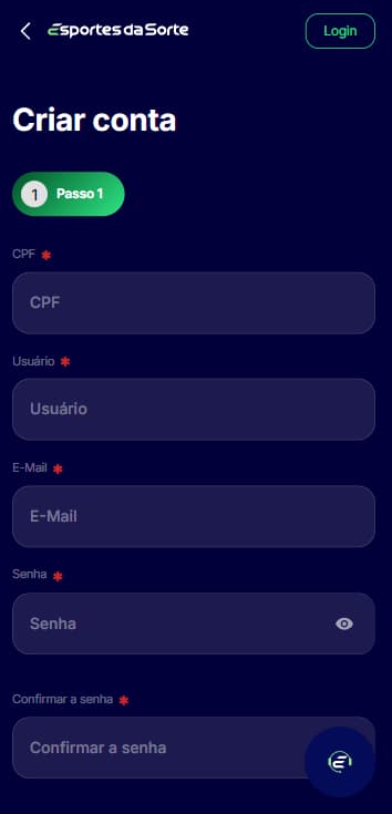 Formulário de cadastro na Esportes da Sorte com campos de informações pessoais