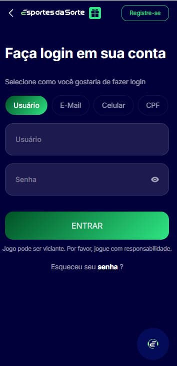 Formulário de login na Esportes da Sorte