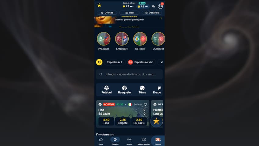 Seção de esportes na Estrela Bet com destaque para partidas de futebol ao vivo