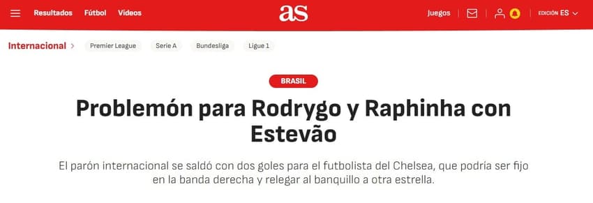 Ascensão de Estêvão é um 'problema' para Raphinha e Rodrygo, segundo jornal espanhol &quot;As&quot; (Foto: Reprodução)