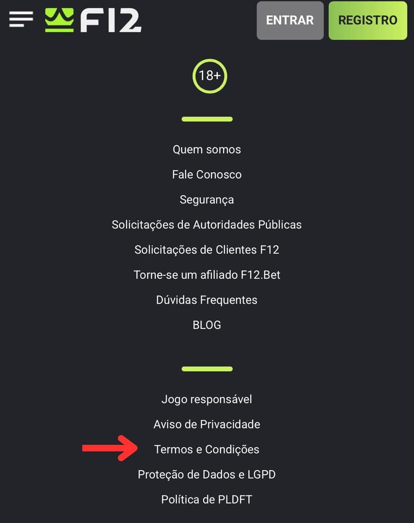 Captura de tela mostra onde encontrar os Termos e Condições da F12 Bet