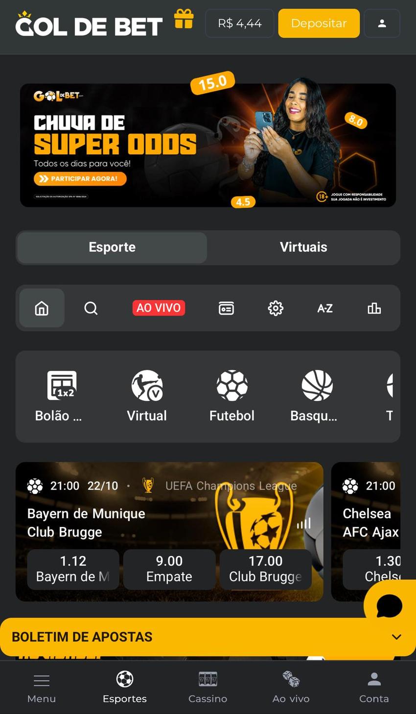 Captura da tela de esportes da plataforma de 5 reais Gol de Bet.