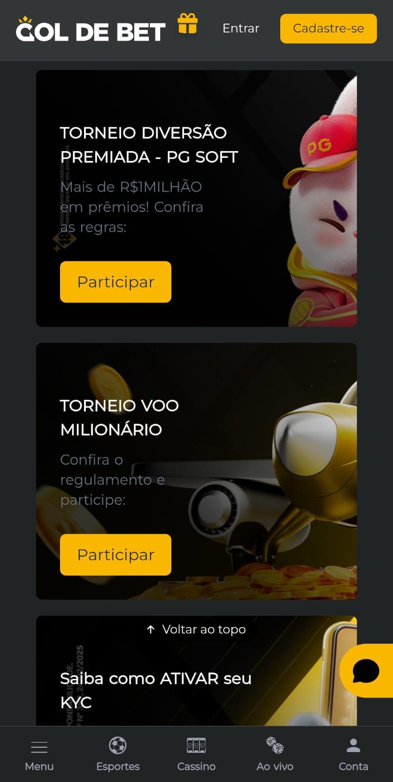 Captura de tela da página oficial da Gol de Bet com os bônus disponíveis.